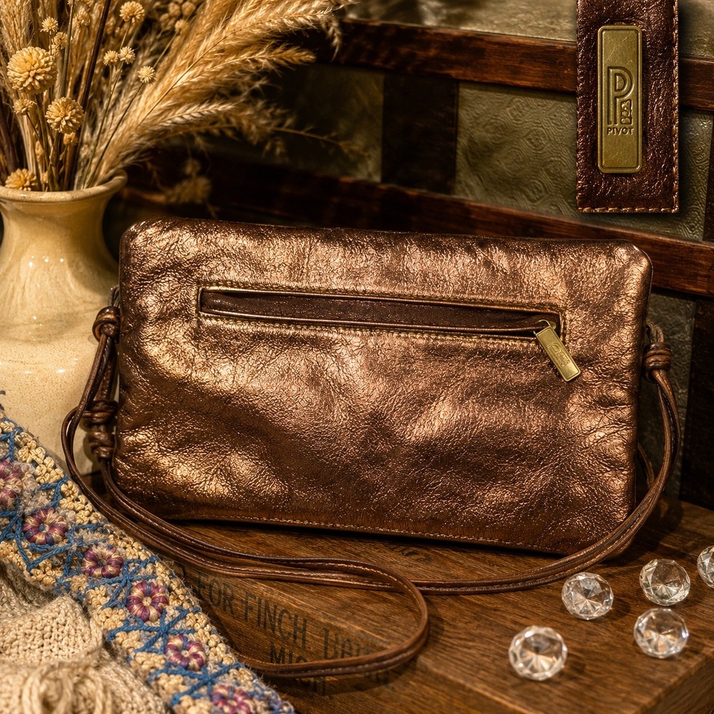 Vintage BAGS BY PINKY 80's Glam Bronze Metallic Leather Crossbody Bag #Y2K Retro
